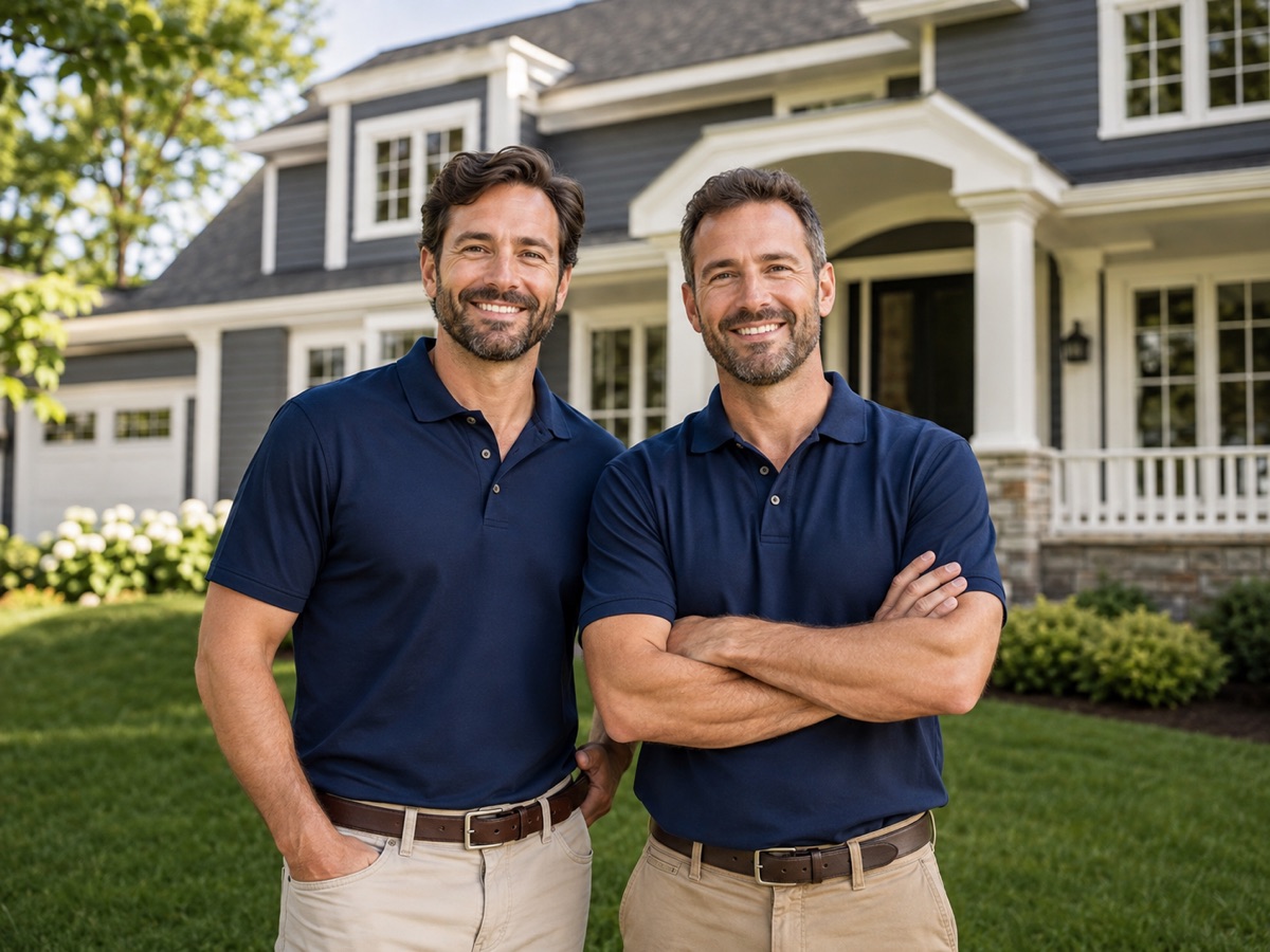 The two owners of PhD Painting standing in front of a freshly painted home